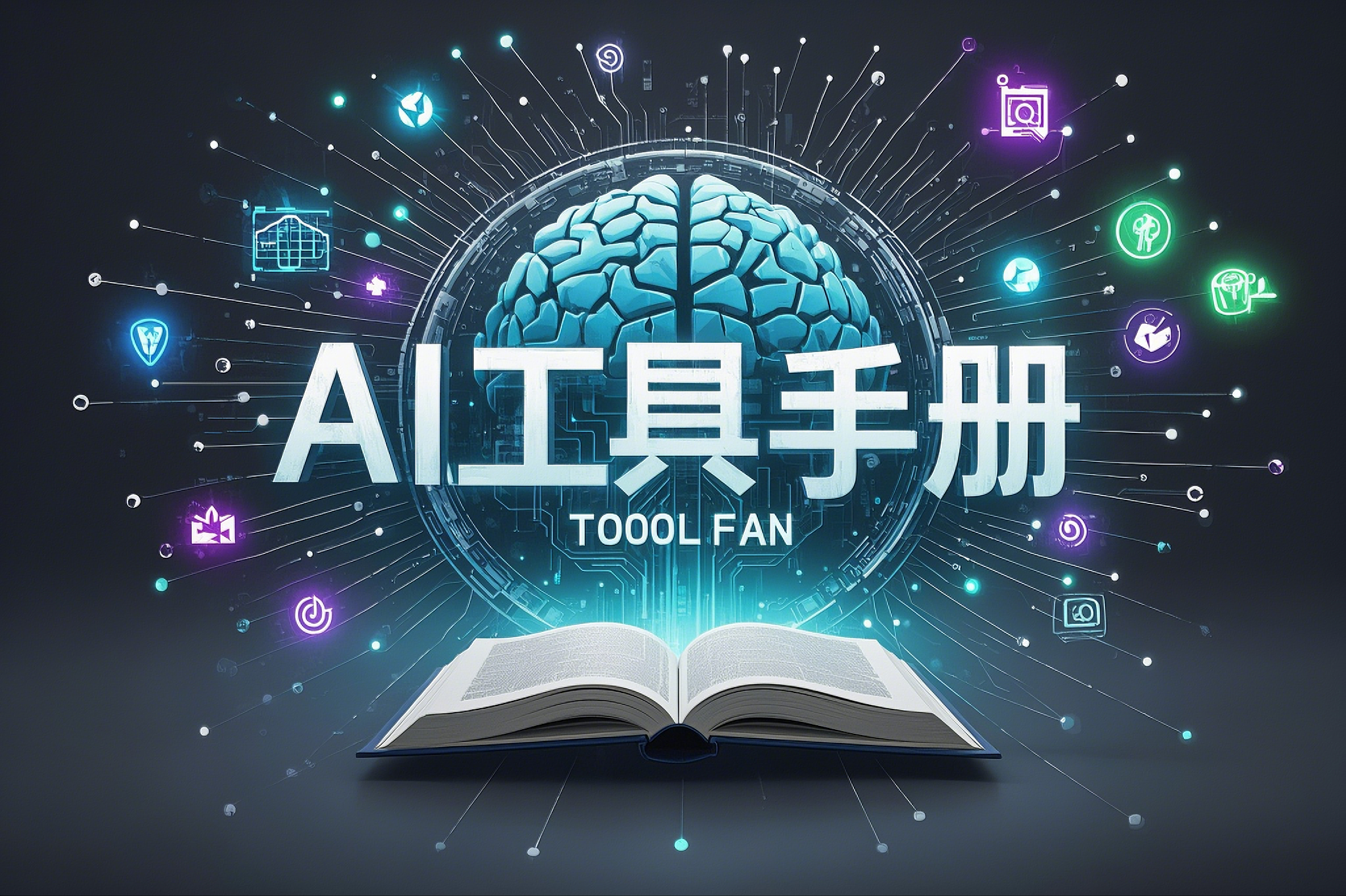 创作一张AI工具手册的宣传海报，风格为科技感和未来感。画面中心呈现一个抽象的AI大脑或电路板几何形状，周围环绕着科技感图标。画面中还有一本打开的书籍，象征着手册本身。背景为深蓝色或深灰色，带有科技纹理...
