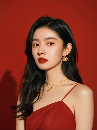 一个现代都市的中国女孩，大眼睛，眼珠又圆又有神，红色高级吊带裙，杂志大片，新年氛围，一佳能_35mm_镜头，8k，商业写真照，亚洲女模特，商业拍摄，简约干练长发，精致的配饰，人脸特写镜头，近景，身着设计感十足的未来国风风格服饰，站在霓虹灯闪烁的都市天桥上，新年的背景反光的地面映出城市的灯光，她的眼神充满了对未来的憧憬与决心，高级感的画面处理，4K分辨率，照片中的光线处理细腻， (2)
