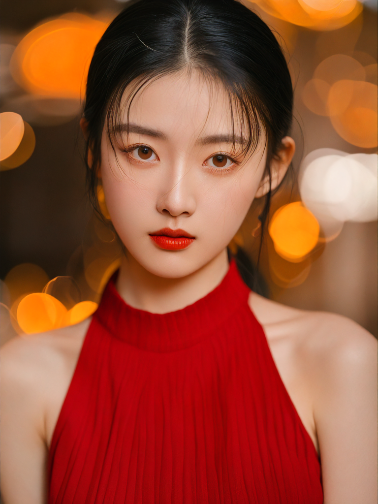 一个现代都市的中国女孩，大眼睛，眼珠又圆又有神，红色高级吊带裙，杂志大片，新年氛围，一佳能_35mm_镜头，8k，商业写真照，亚洲女模特，商业拍摄，简约干练长发，精致的配饰，人脸特写镜头，近景，身着设计感十足的未来国风风格服饰，站在霓虹灯闪烁的都市天桥上，新年的背景反光的地面映出城市的灯光，她的眼神充满了对未来的憧憬与决心，高级感的画面处理，4K分辨率，照片中的光线处理细腻，